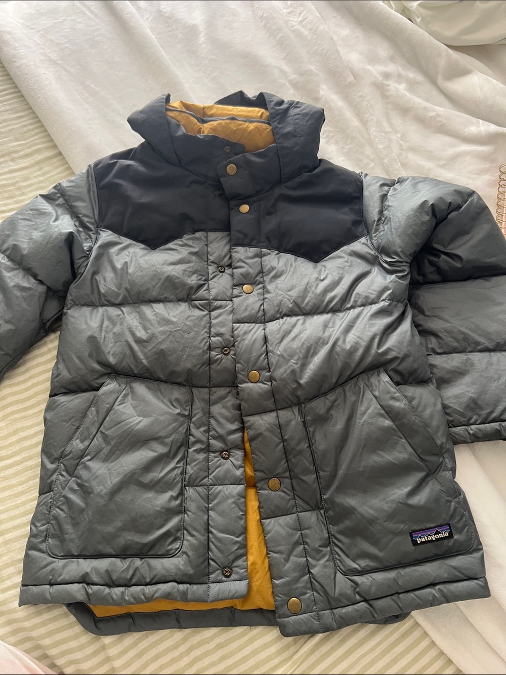 Patagonia Kids Puffer Jacket in Gray with Black Yoke and Yellow Lining